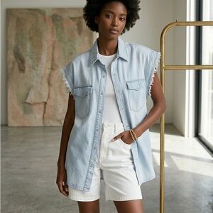 Sleeveless Light Wash Denim Button-Down Shirt - Women